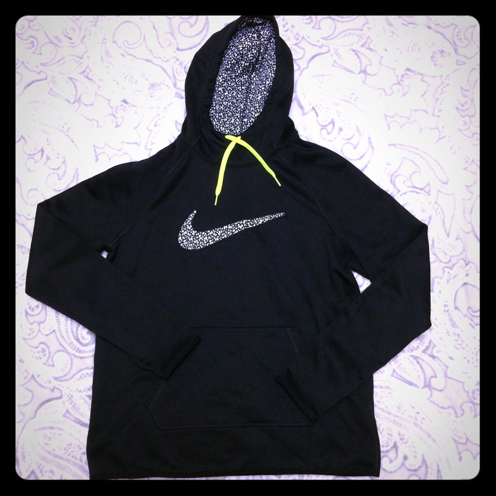 Nike Black Hoodie with Neon Yellow Drawstring and Speckled Swoosh